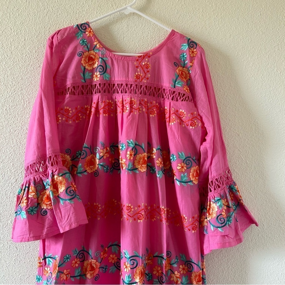 Women’s Hand Made Dress Fit Medium Pink Floral Embroidered Cottagecore Bohemian